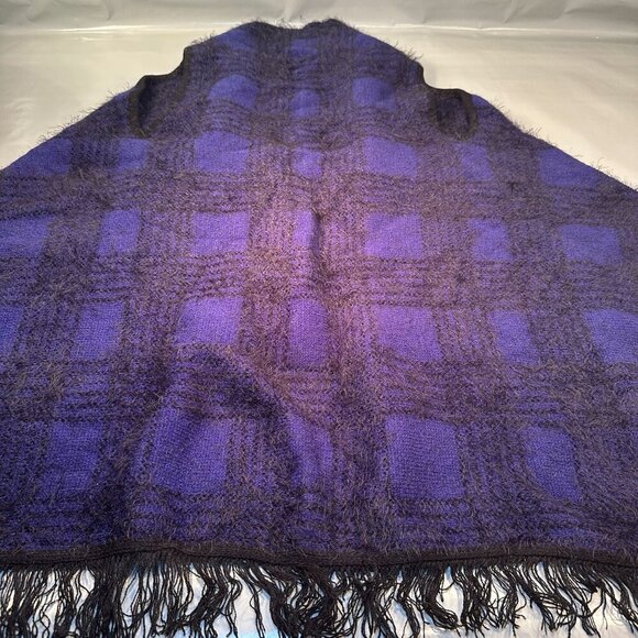 Vertigo Plaid Fuzzy Cardigan Womens Open Front Tweed Wrap Cape Boho Fringe Trim - Picture 7 of 16